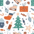 Seamless pattern with cute hand drawn objects: Christmas tree, sock, gift box,